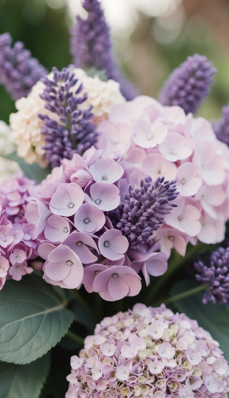A delicate mix of lavender and hydrangea blooms in a pastel flower bouquet