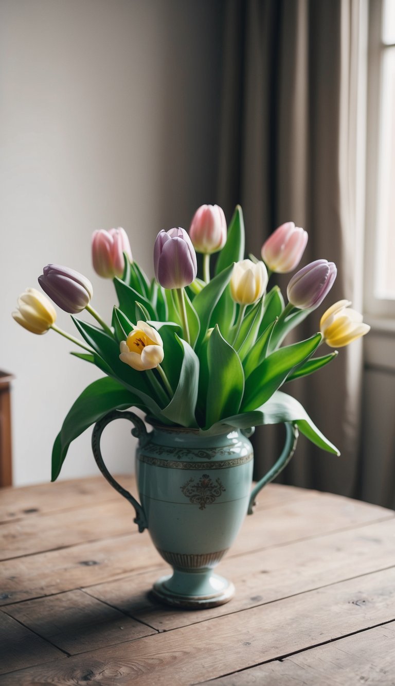 A delicate pastel bouquet of tulips and other soft flowers in a vintage vase on a rustic wooden table
