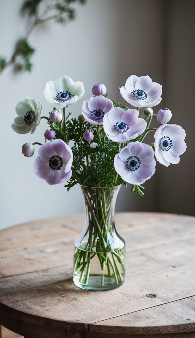 A delicate arrangement of pastel anemone flowers in a glass vase on a rustic wooden table