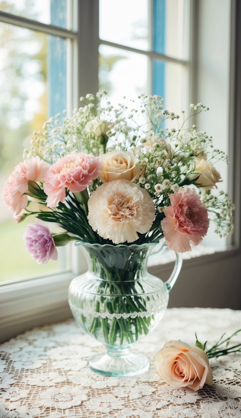 A pastel bouquet of carnations, roses, and baby's breath arranged in a delicate glass vase on a lace-covered table. Sunlight filters through the window, casting a soft glow on the flowers
