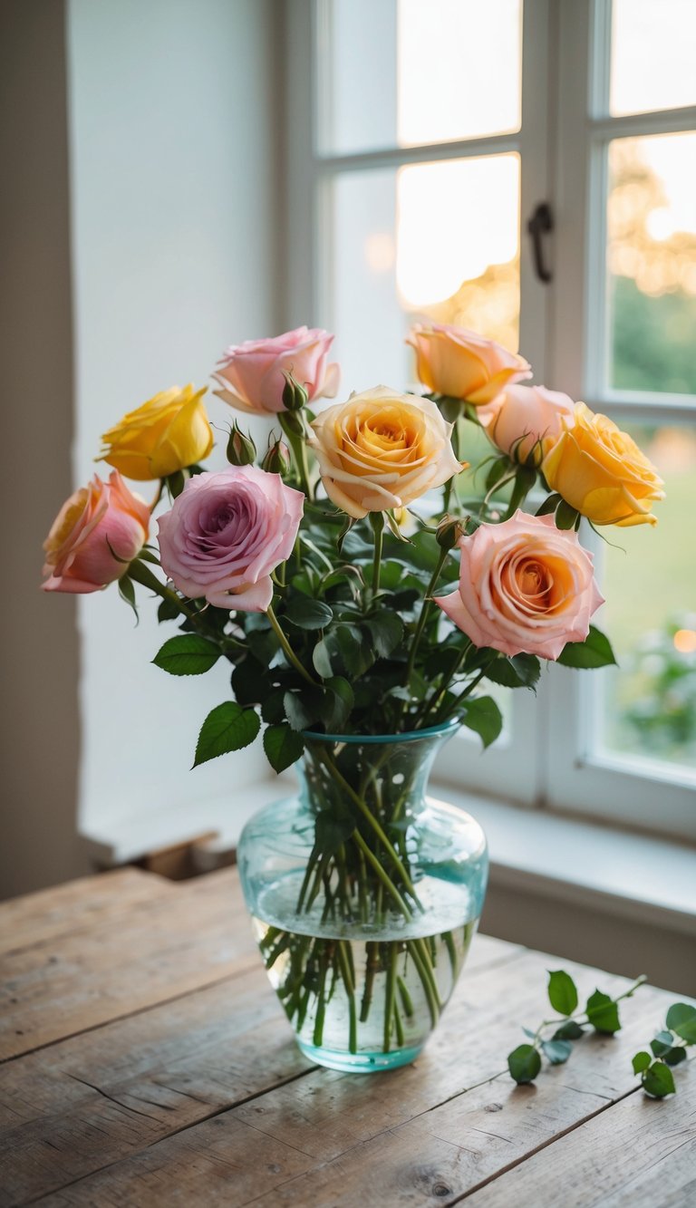 A pastel bouquet of sunset rose medley flowers in a glass vase on a rustic wooden table with soft natural light filtering through a nearby window