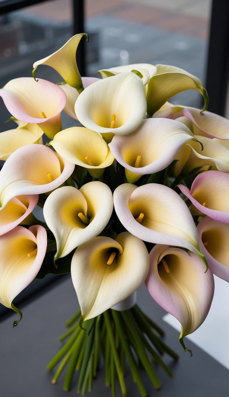 A cluster of pastel calla lilies arranged in a chic bouquet