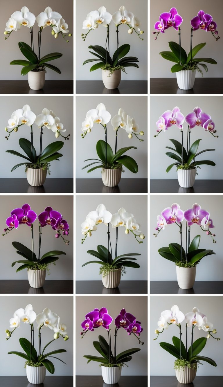 A collection of ten elegant orchid bouquets arranged in various vases, showcasing the beauty and diversity of these delicate flowers
