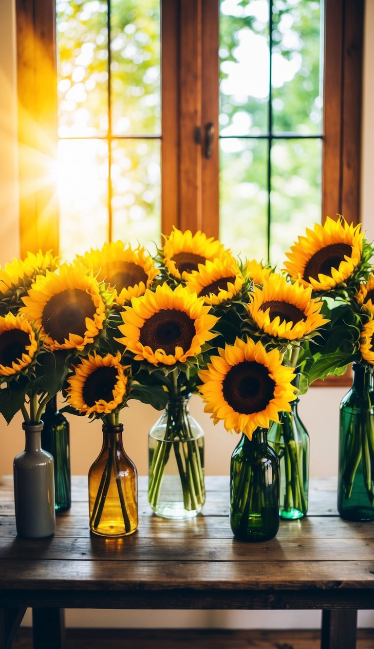 A rustic wooden table with 10 charming sunflower bouquets in various vases, surrounded by warm sunlight filtering through a window