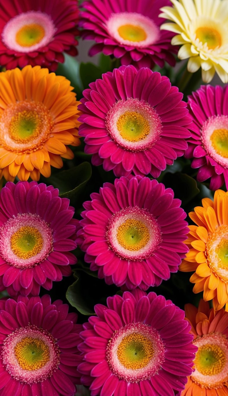 A colorful array of ten vibrant Gerbera daisies in a bouquet, each flower showcasing its unique and lively petals