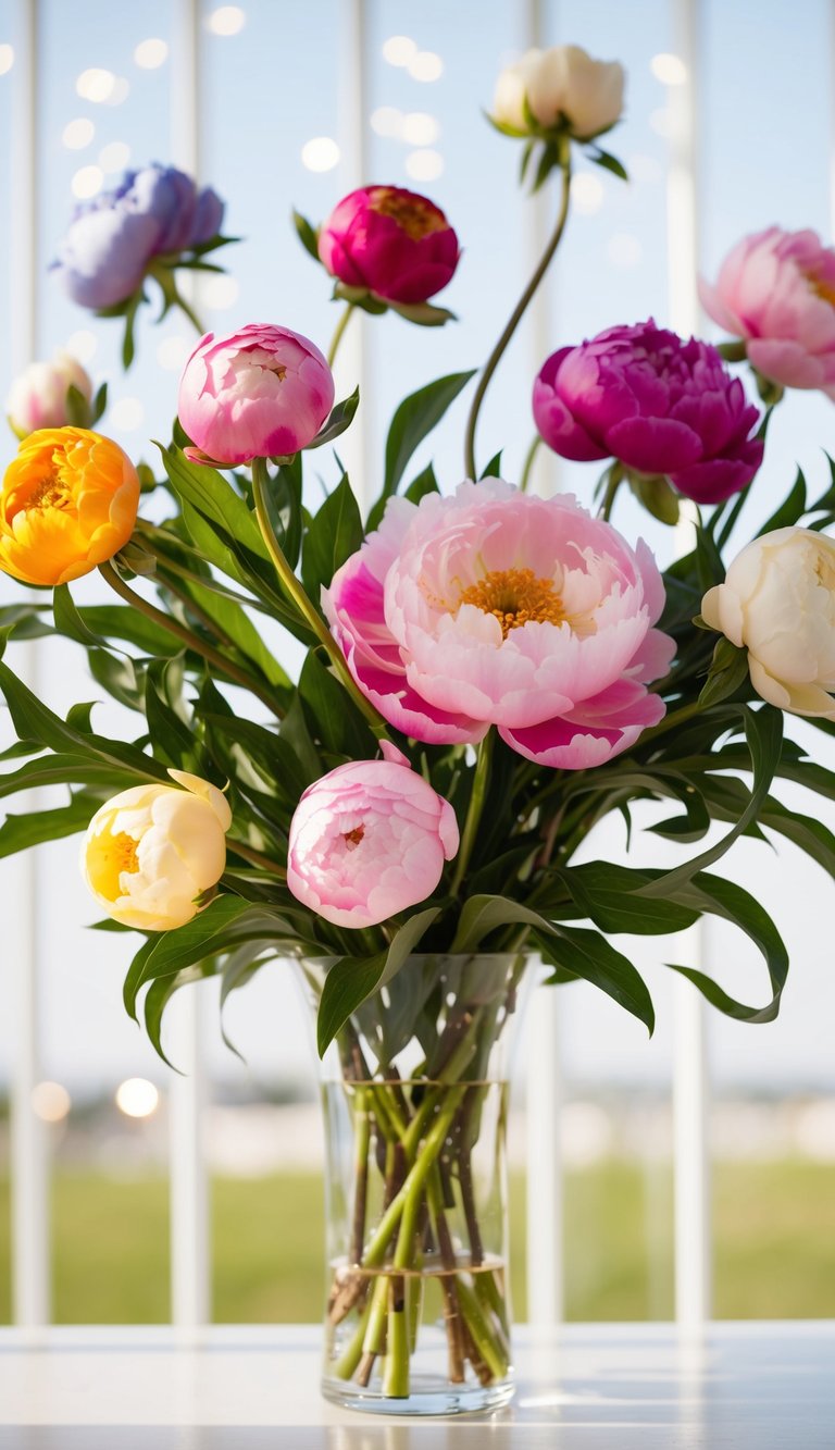 A playful arrangement of peonies in various colors and sizes, with whimsical and flowing stems, set against a bright and airy background