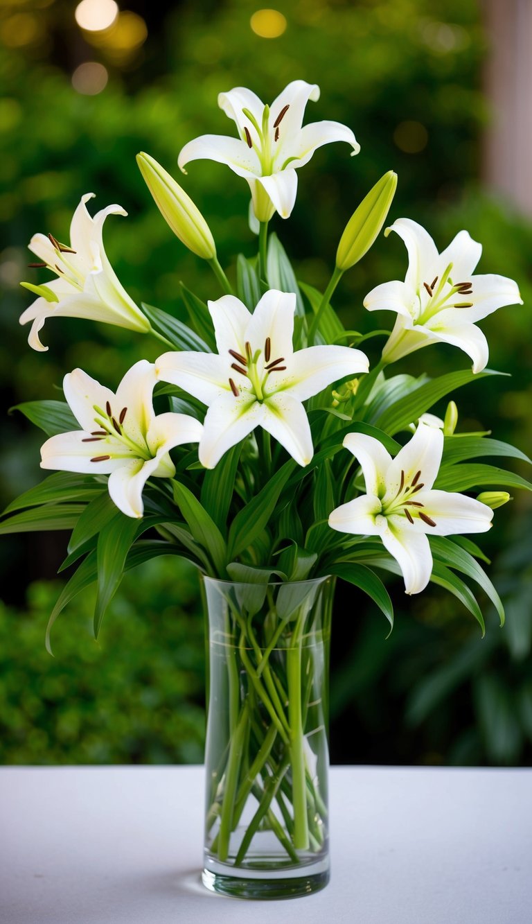 A glass vase holds ten delicate lily bouquets, each with a single flower in full bloom, surrounded by lush green foliage