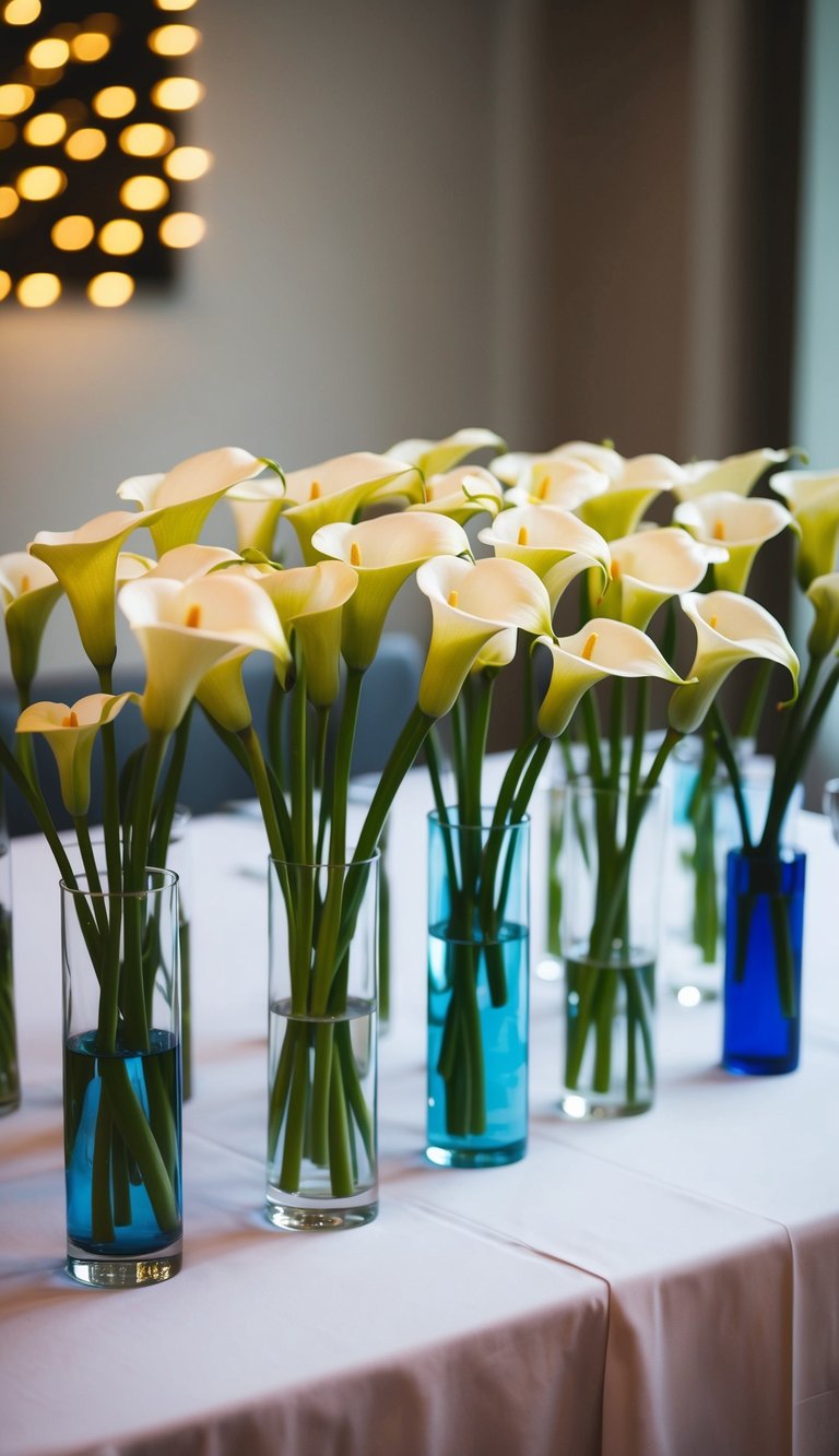 A table with 10 single calla lily bouquets in various vases