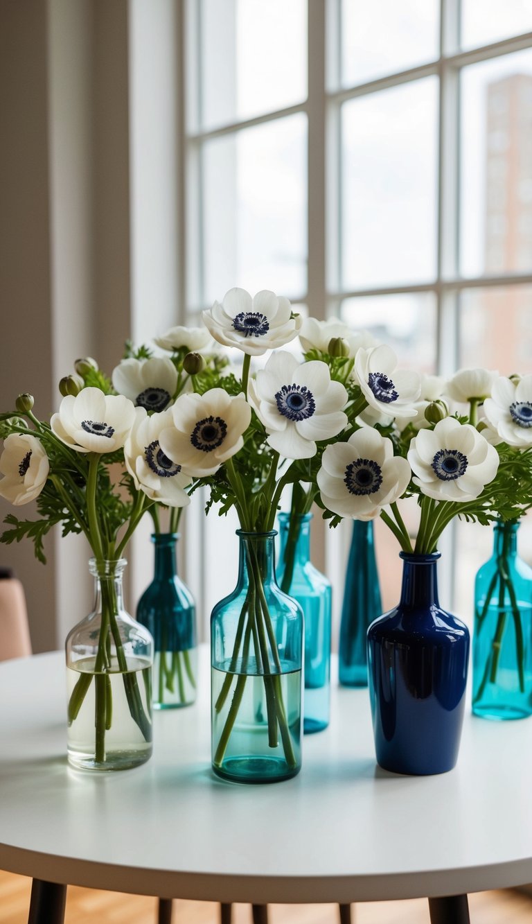 A table with 10 chic anemone bouquets in various vases