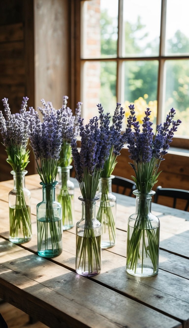 A rustic wooden table with ten single lavender flower bouquets arranged in various glass vases. Sunlight streams through a nearby window, casting a warm glow on the scene
