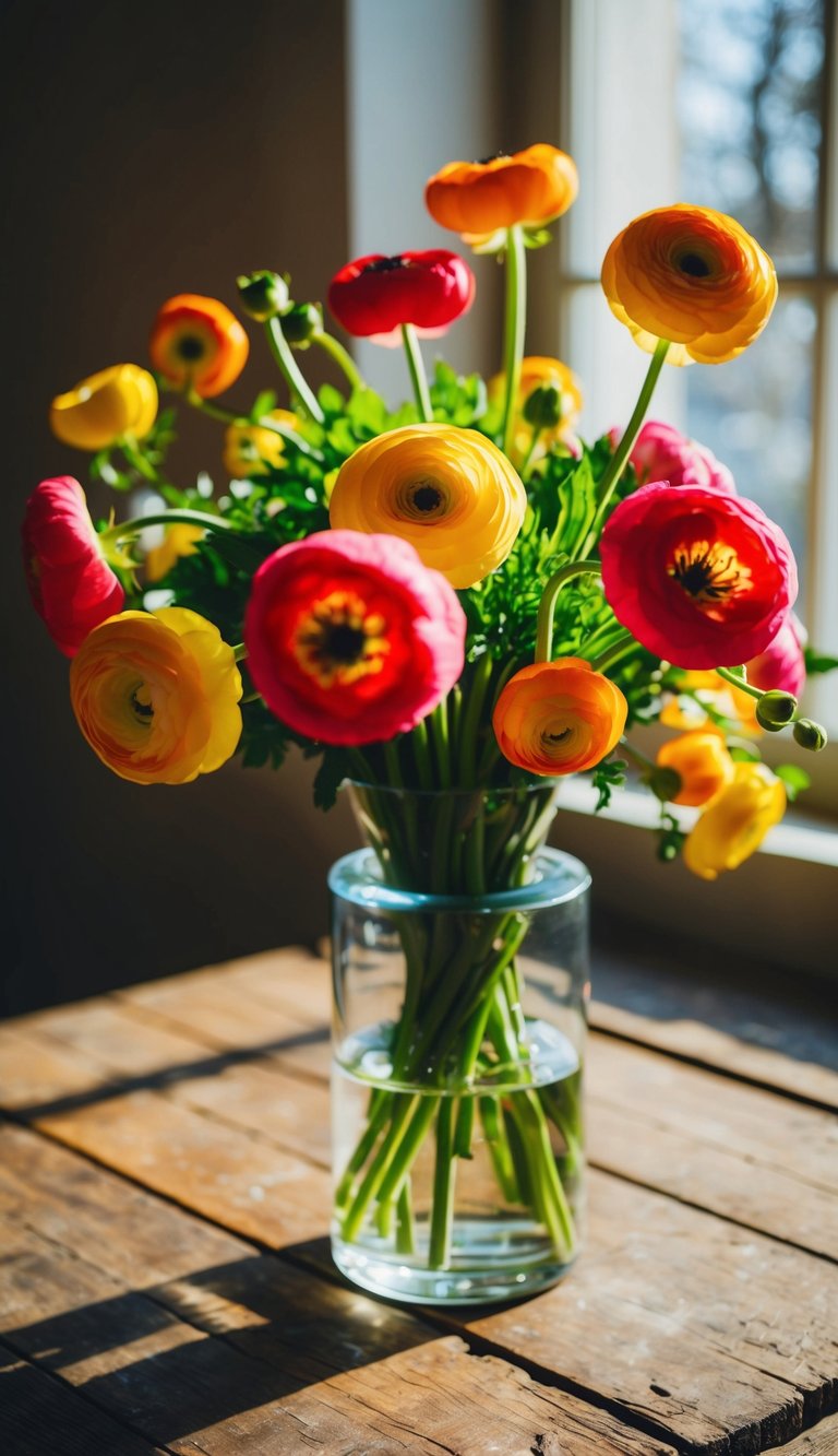 A vibrant bouquet of ranunculus in a glass vase on a rustic wooden table. Sunlight streams through a nearby window, casting a warm glow on the delicate petals
