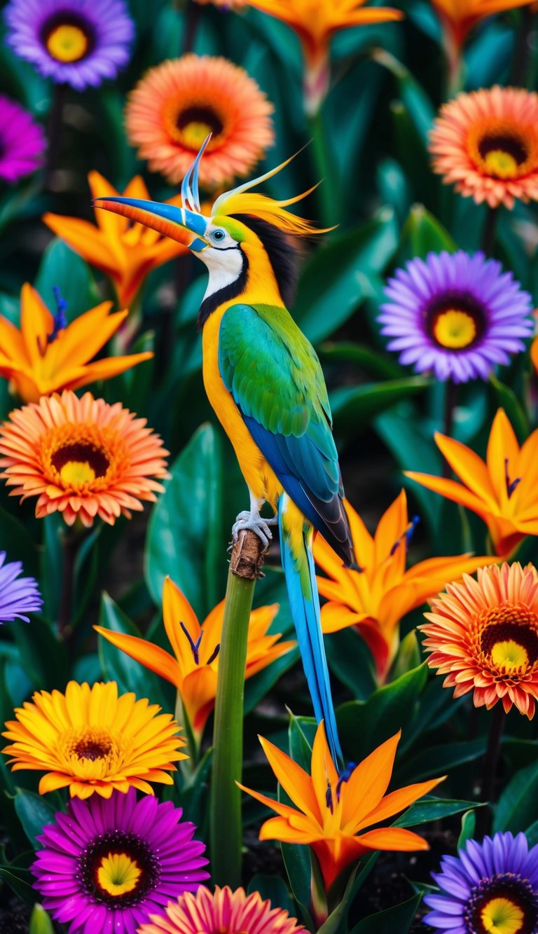 A vibrant Bird of Paradise stands tall amidst a collection of ten single flower bouquets, each bursting with bold colors and unique textures
