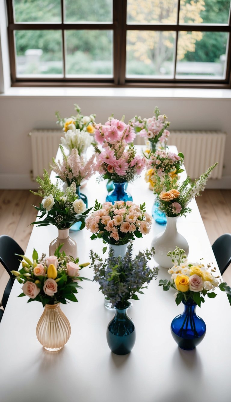 A table with 10 unique eternal flower bouquets in various vases, arranged in a diagonal line with natural light streaming in from a nearby window