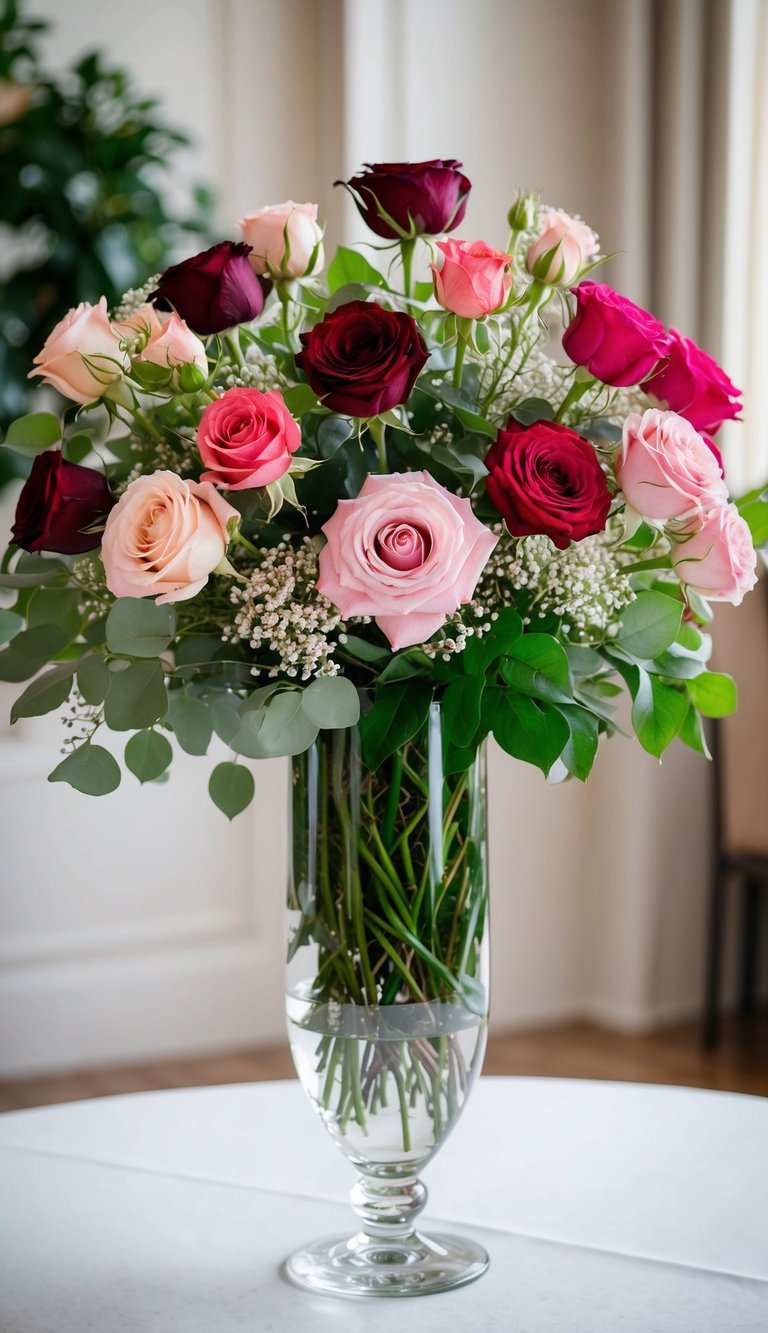 A tall glass vase holds a lush, elegant bouquet of eternal roses in various shades of pink and red, accented with delicate greenery and baby's breath