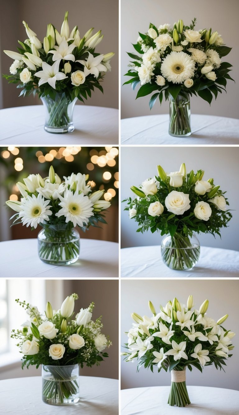 A table with 10 different eternal flower bouquets, each arranged in a unique and creative way using white eternal flowers