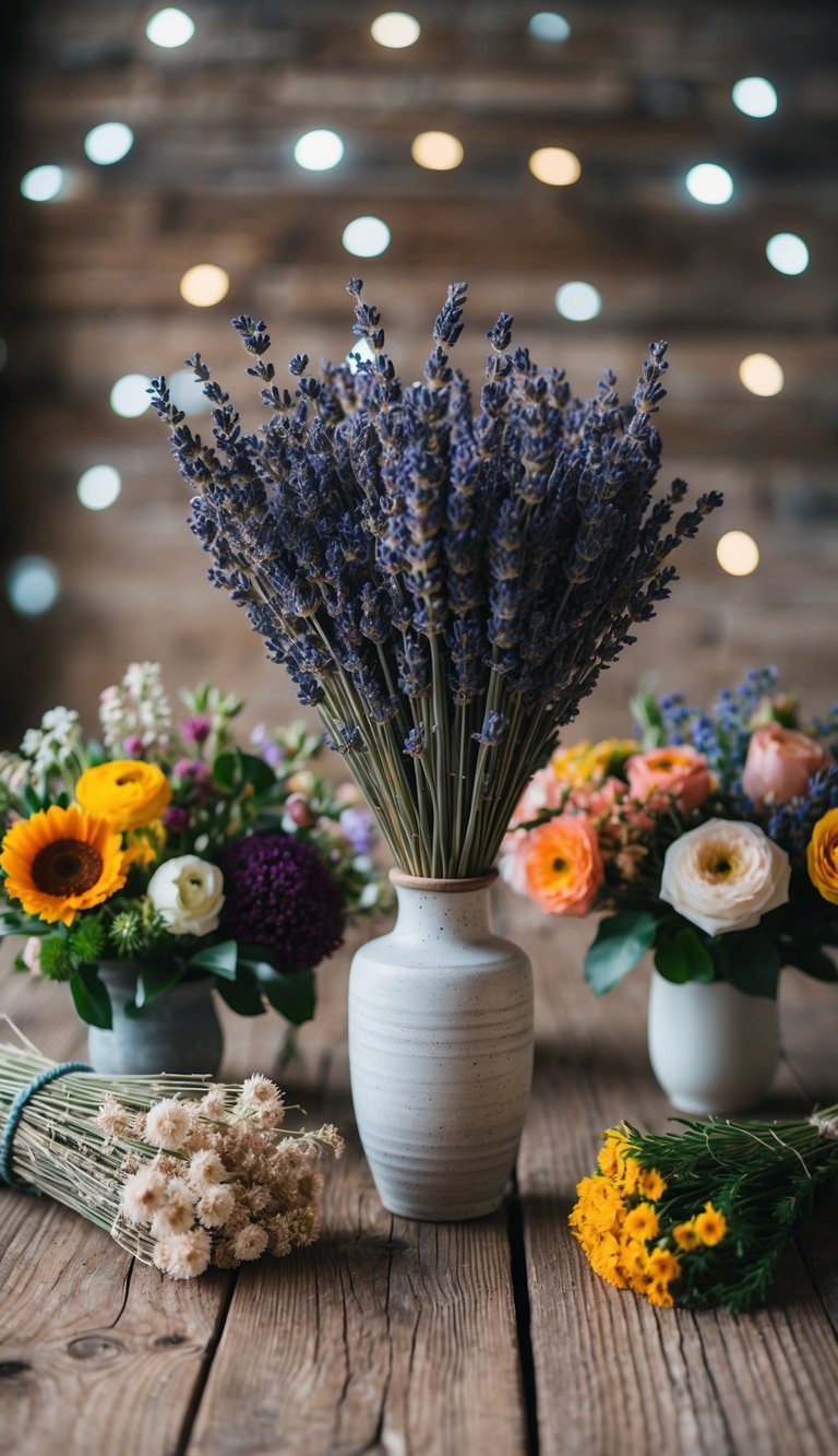 A rustic wooden table with a vase of dried lavender bunches surrounded by various eternal flower bouquets in different sizes and colors