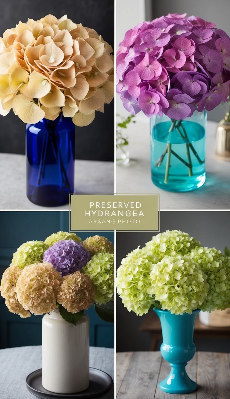 A collection of preserved hydrangea arrangements displayed in various vases and containers, showcasing different colors and styles