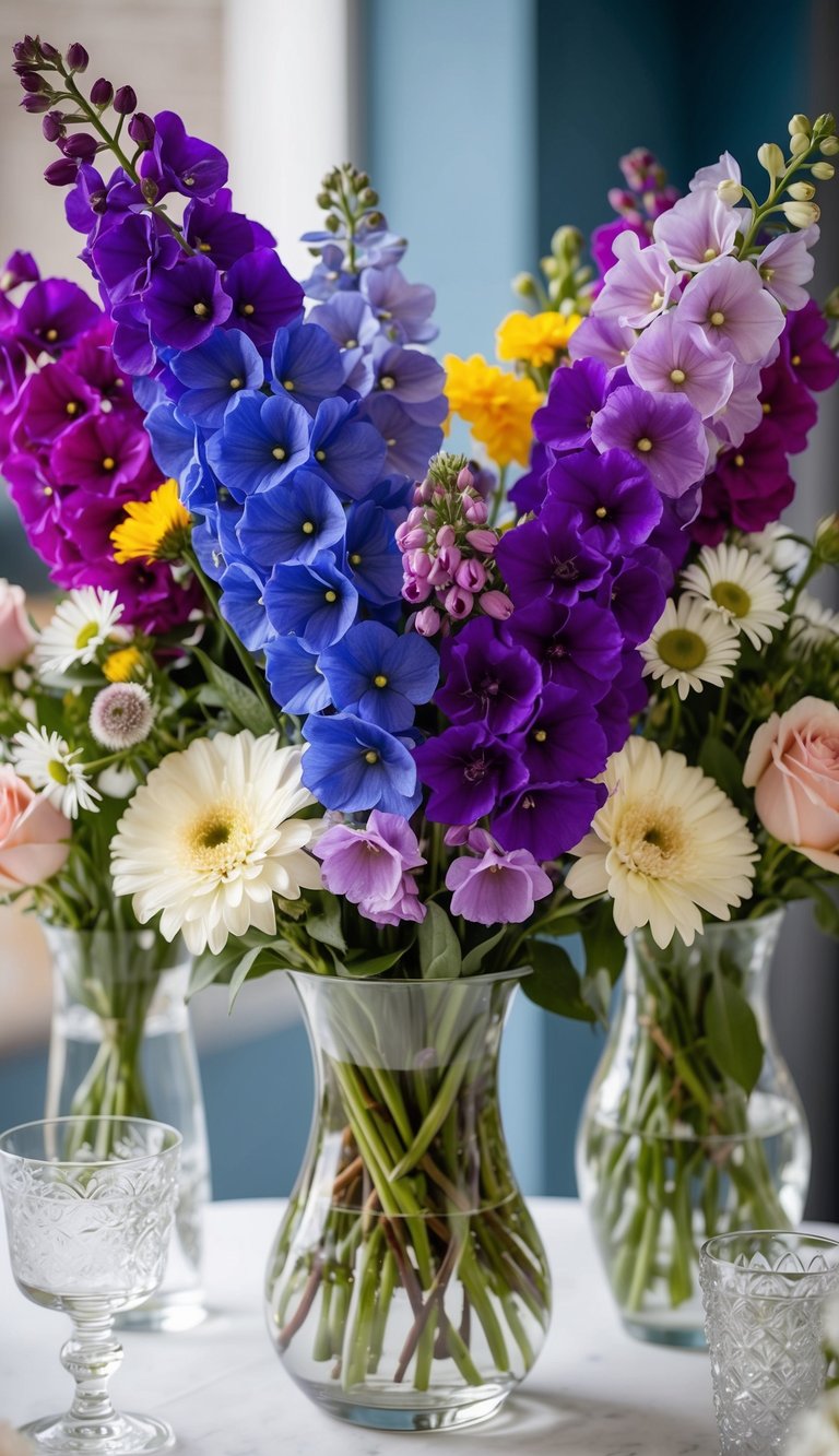 A vibrant bouquet of mixed color delphiniums arranged in a glass vase, surrounded by other eternal flowers such as roses and daisies