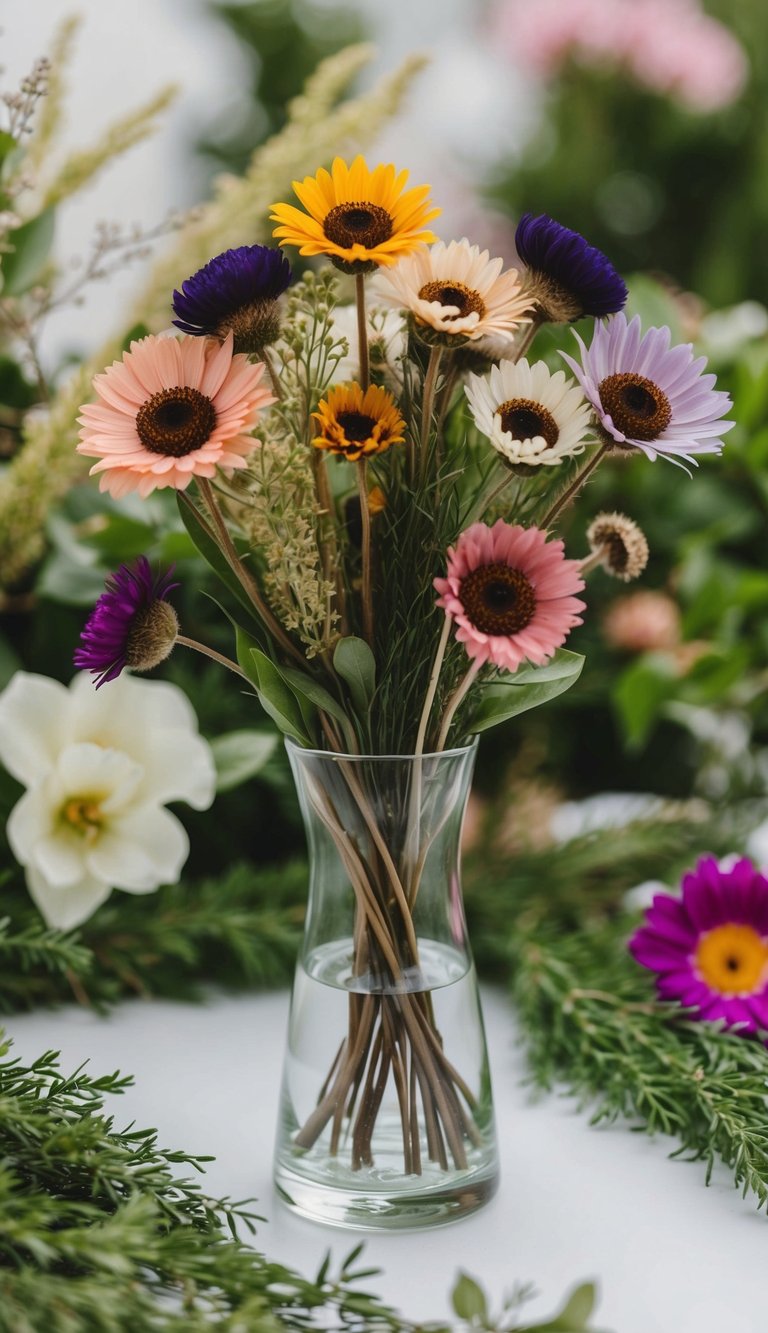 A glass vase holds a bouquet of preserved scabiosa flowers in various colors, surrounded by greenery and other eternal blooms