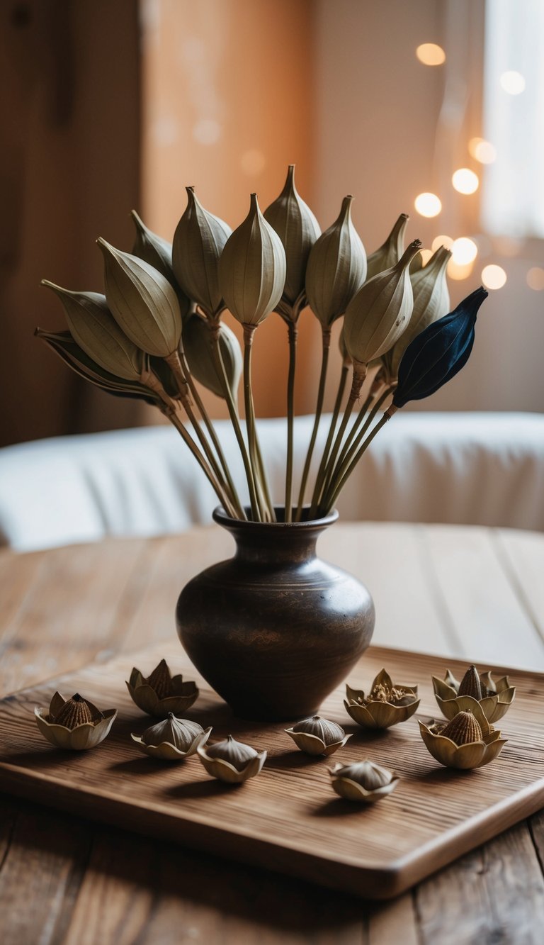 Dried lotus and nigella seed pods arranged in a rustic vase on a wooden table, surrounded by soft natural light