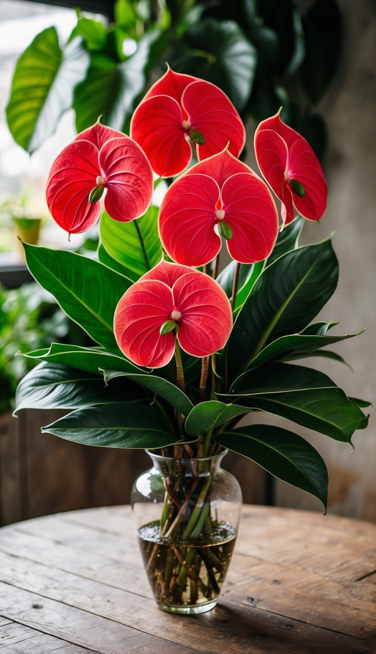 A vibrant bouquet of preserved Anthuriums in a glass vase, surrounded by lush green foliage, sitting on a rustic wooden table