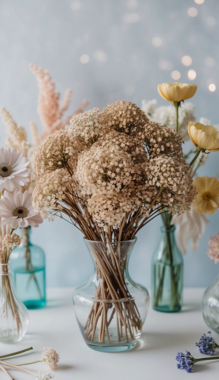 A glass vase filled with dried Gypsophila blooms, surrounded by various other eternal flowers in a soft, pastel color palette