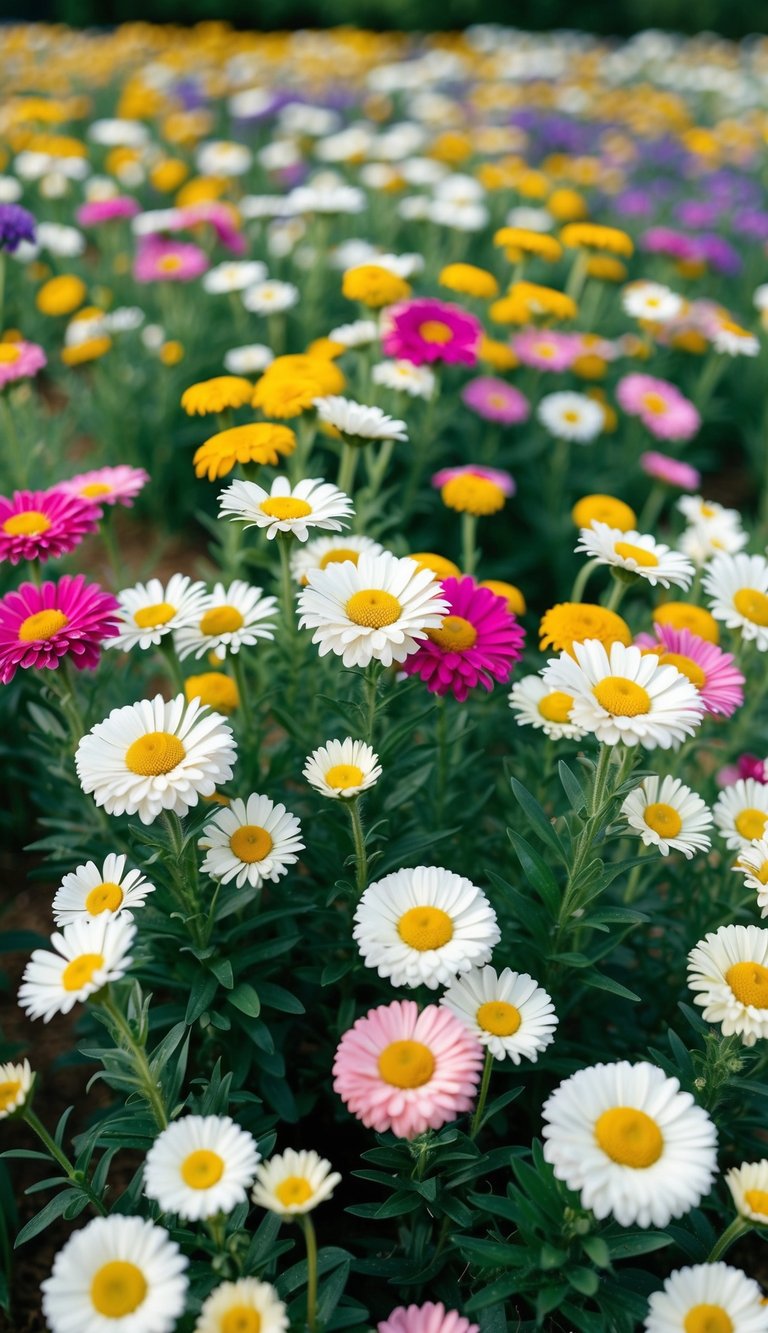 A lush field of everlasting daisies in various colors, arranged in elegant bouquets with varying heights and compositions