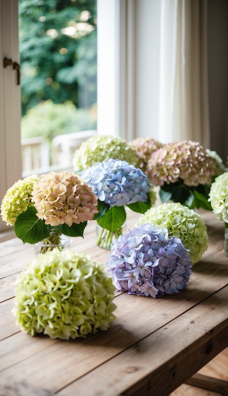 A rustic wooden table adorned with 10 vintage-inspired hydrangea bouquets in various shades, surrounded by soft, natural light filtering through a nearby window
