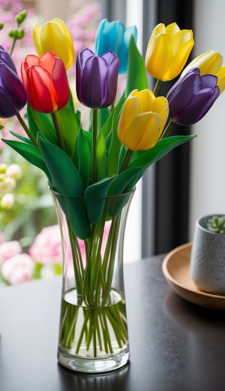 A glass vase holds 10 artificial silk tulip and lavender arrangements, creating a colorful and fragrant display