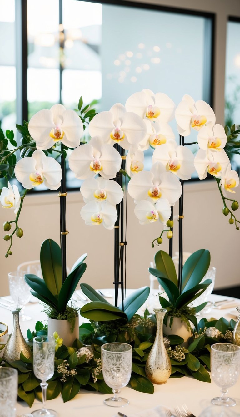 A table adorned with a centerpiece of 10 artificial orchid flower arrangements in various sizes and colors, surrounded by decorative foliage and delicate vases