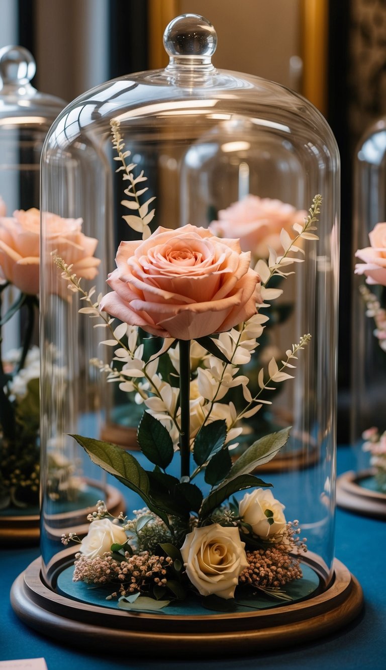 A glass dome encases 10 artificial flower arrangements, each featuring a preserved rose surrounded by delicate foliage and other blooms
