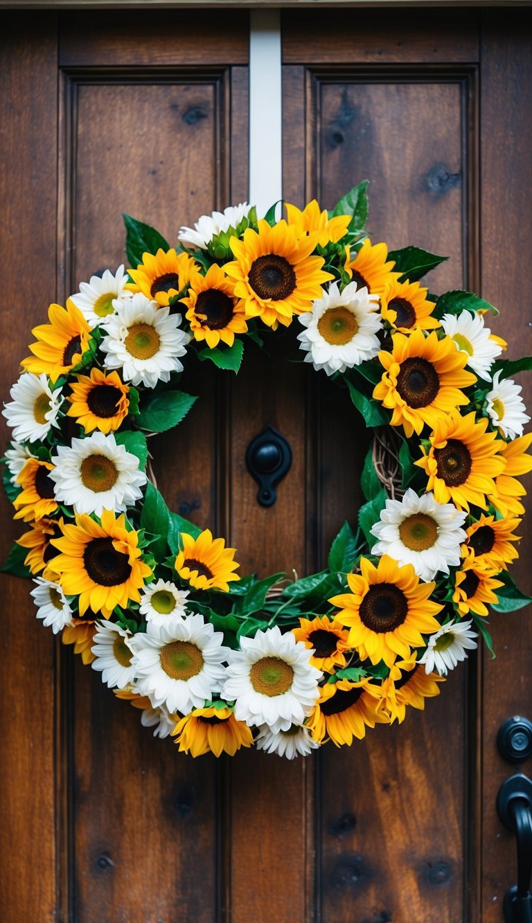A vibrant wreath of silk daisies and sunflowers hanging on a rustic wooden door
