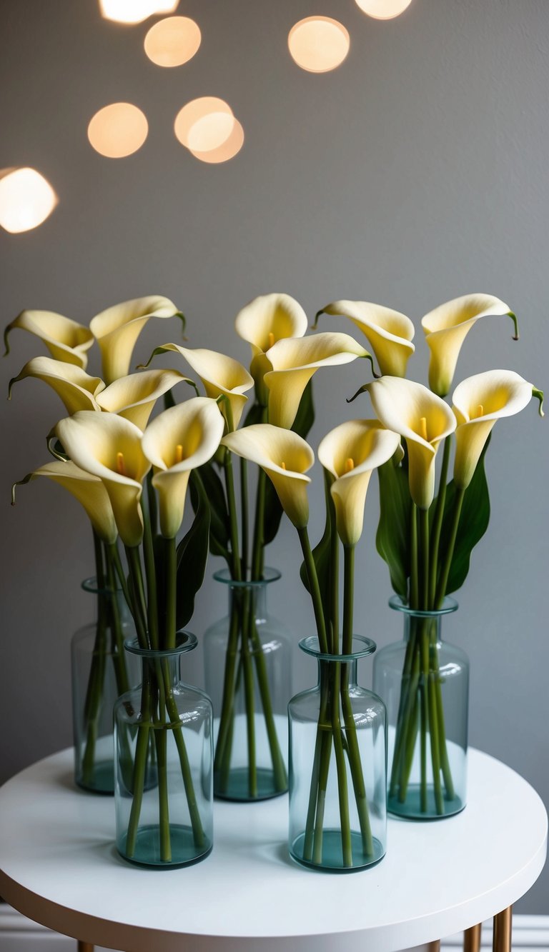 Ten faux calla lily arrangements displayed on a table