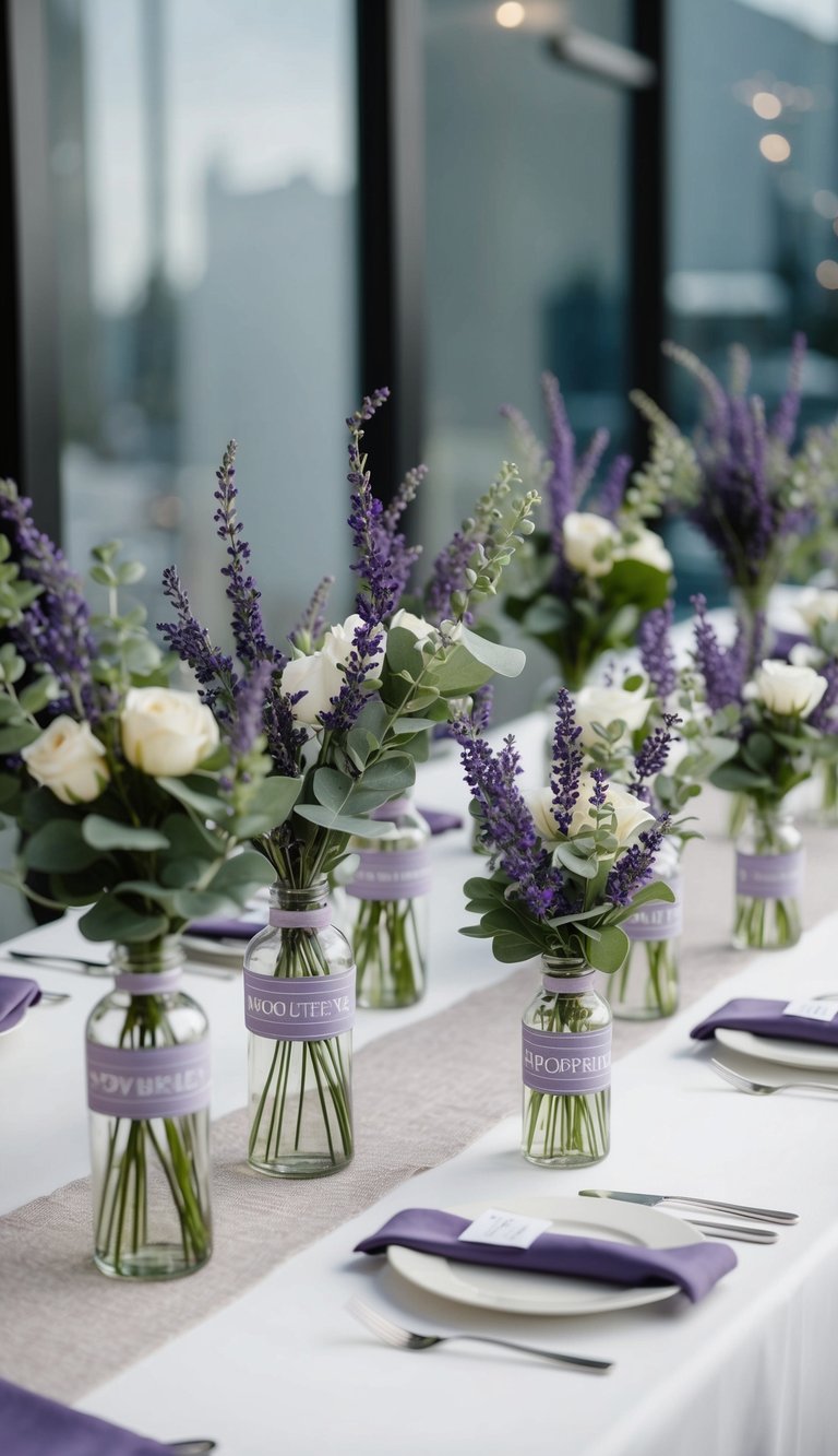 A table with 10 artificial flower arrangements, each sprayed with lavender and eucalyptus