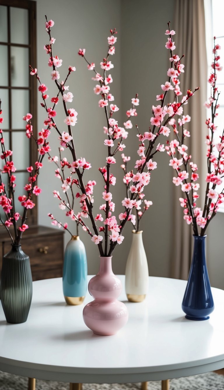 A table with 10 faux cherry blossom branches arranged in various vases