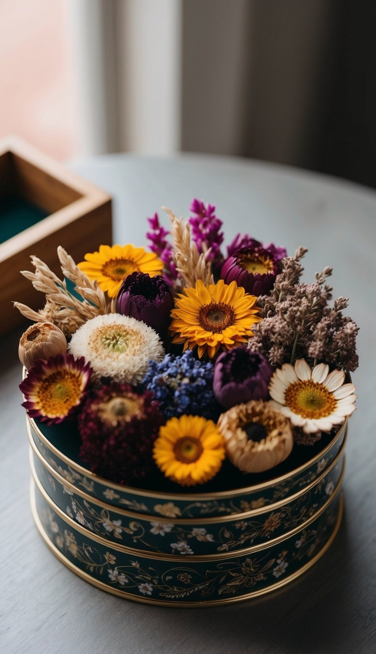 A collection of dried flowers arranged in a decorative keepsake box, showcasing a variety of colors and textures