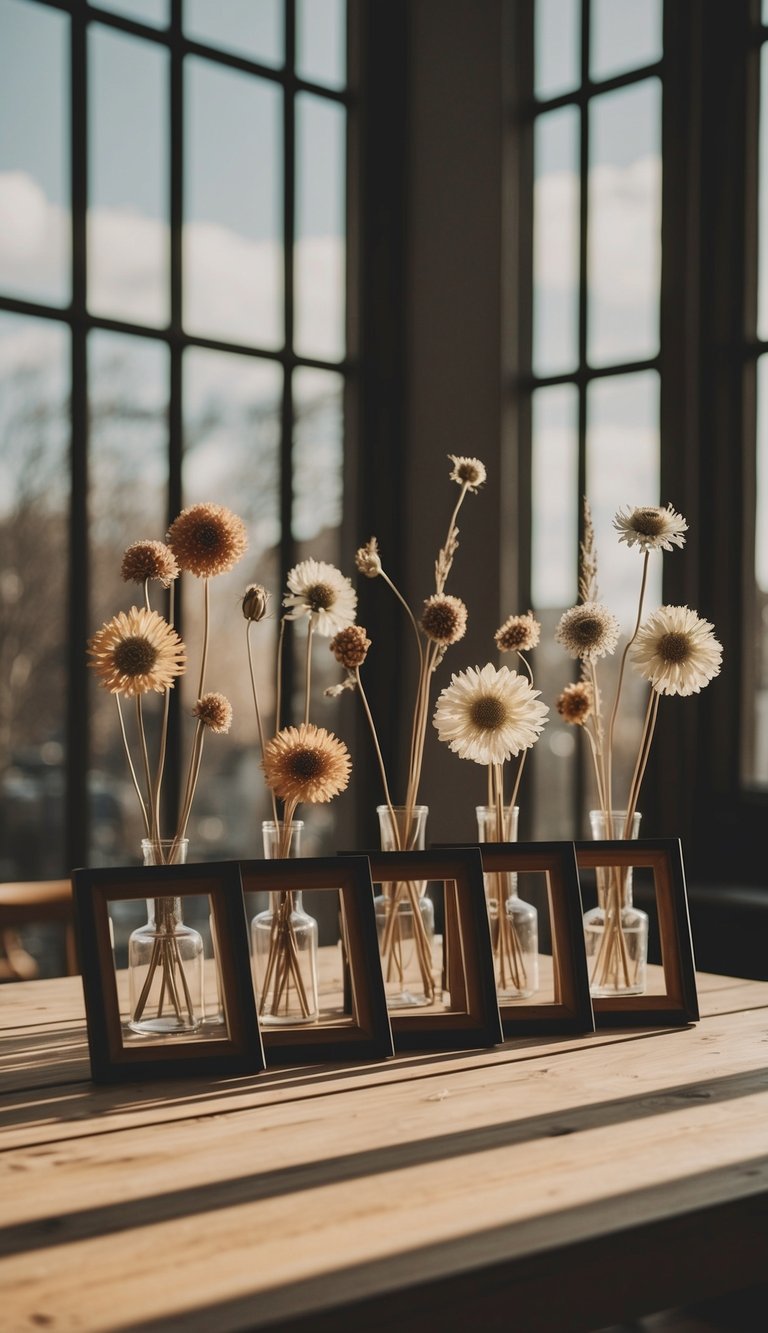 A wooden table with 10 dried flowers arranged in frames, casting delicate shadows in the soft afternoon light