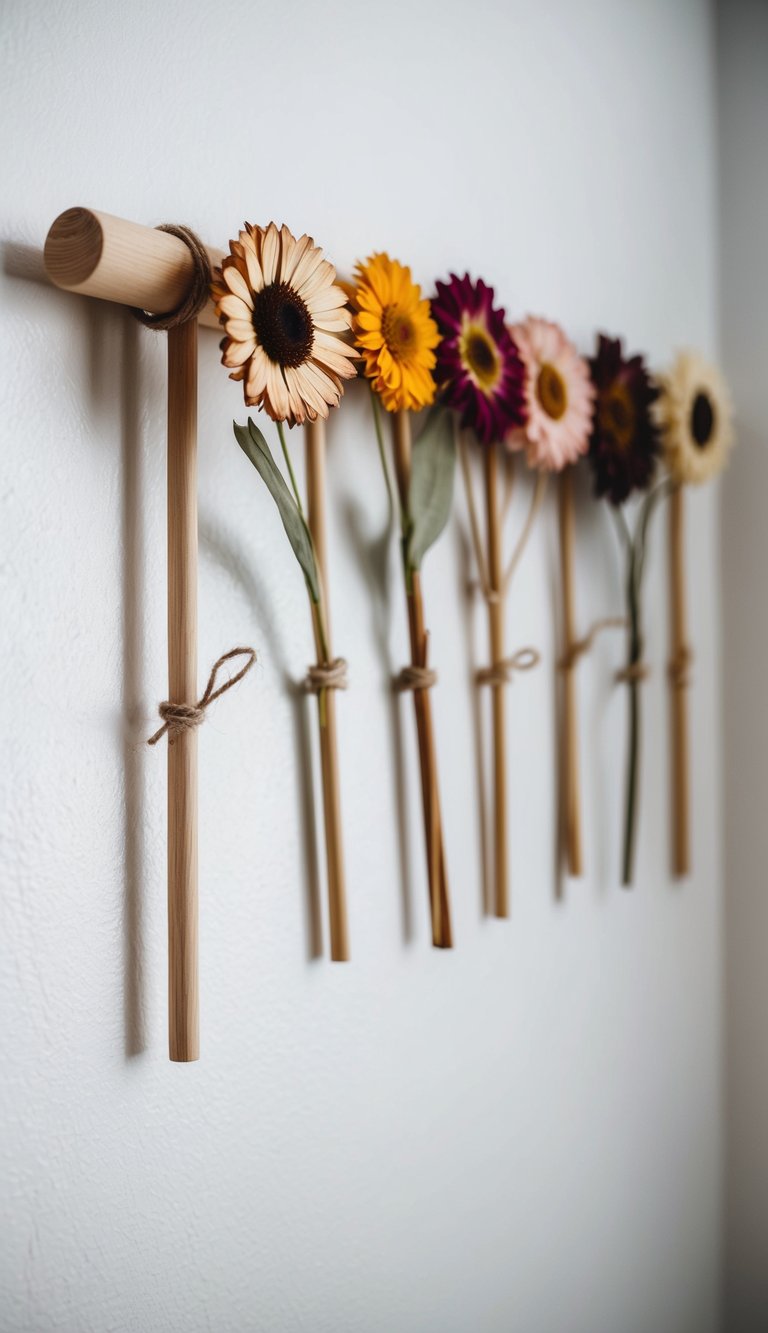 A wooden dowel hangs from a nail on a white wall. Ten dried flowers of varying colors and shapes are arranged in a row, secured with twine