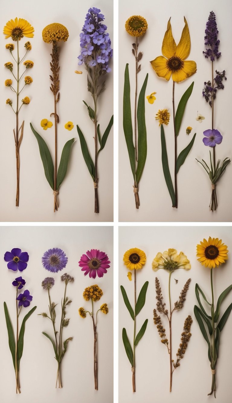 A collection of 10 dried flowers arranged in a herbarium style, each piece carefully pressed and preserved, showcasing a variety of colors and textures