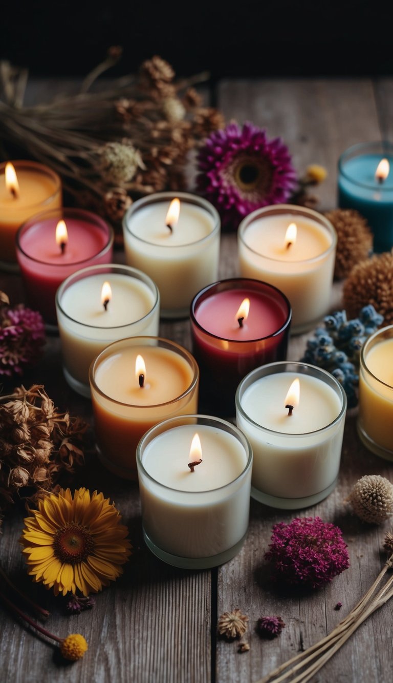 A collection of 10 floral candles surrounded by dried flowers in various colors and shapes