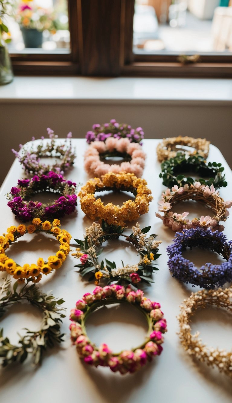 A table adorned with 10 unique dried flower crowns, each featuring a variety of colorful blooms and foliage, arranged in an artistic display