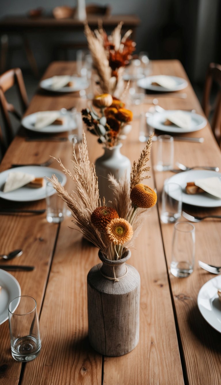 A wooden table adorned with dried flower centerpieces in rustic vases