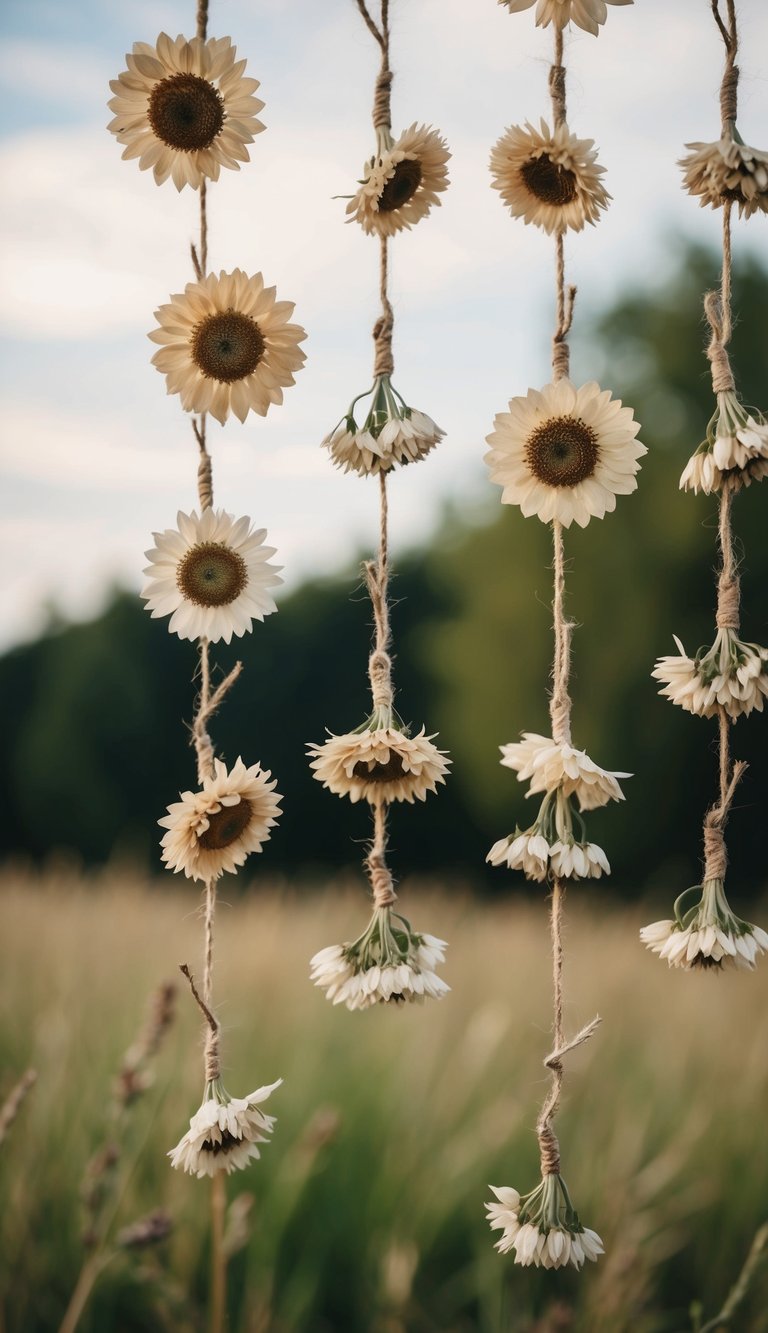 Ten dried flowers hang from boho garland strings, creating a whimsical and natural display
