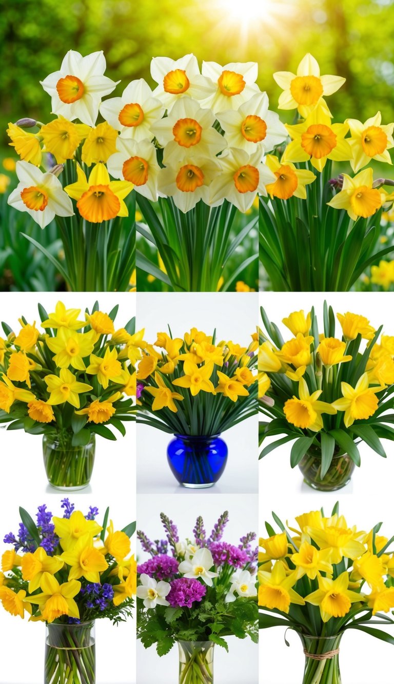 A colorful array of daffodils and other spring flowers arranged in various bouquets, set against a backdrop of green foliage and bright sunshine