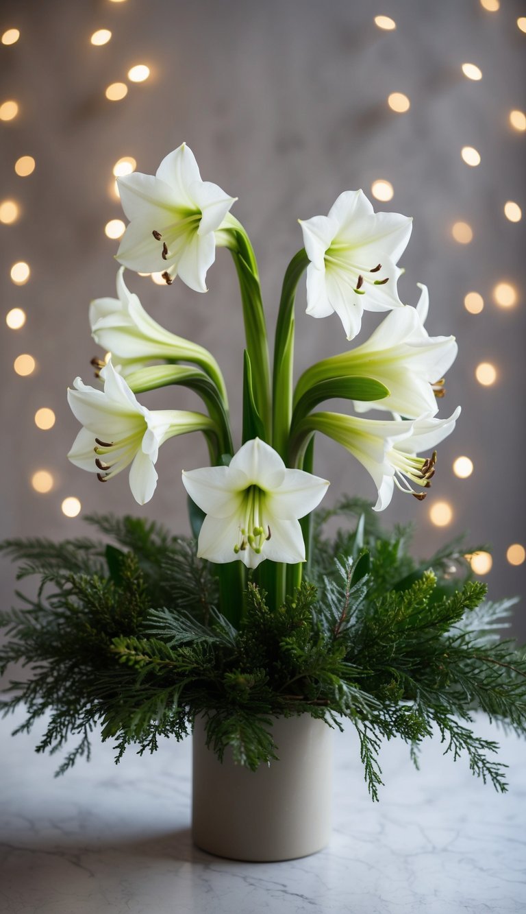 A cluster of 10 winter white amaryllis stems arranged in a bouquet, surrounded by seasonal greenery and placed in a simple vase