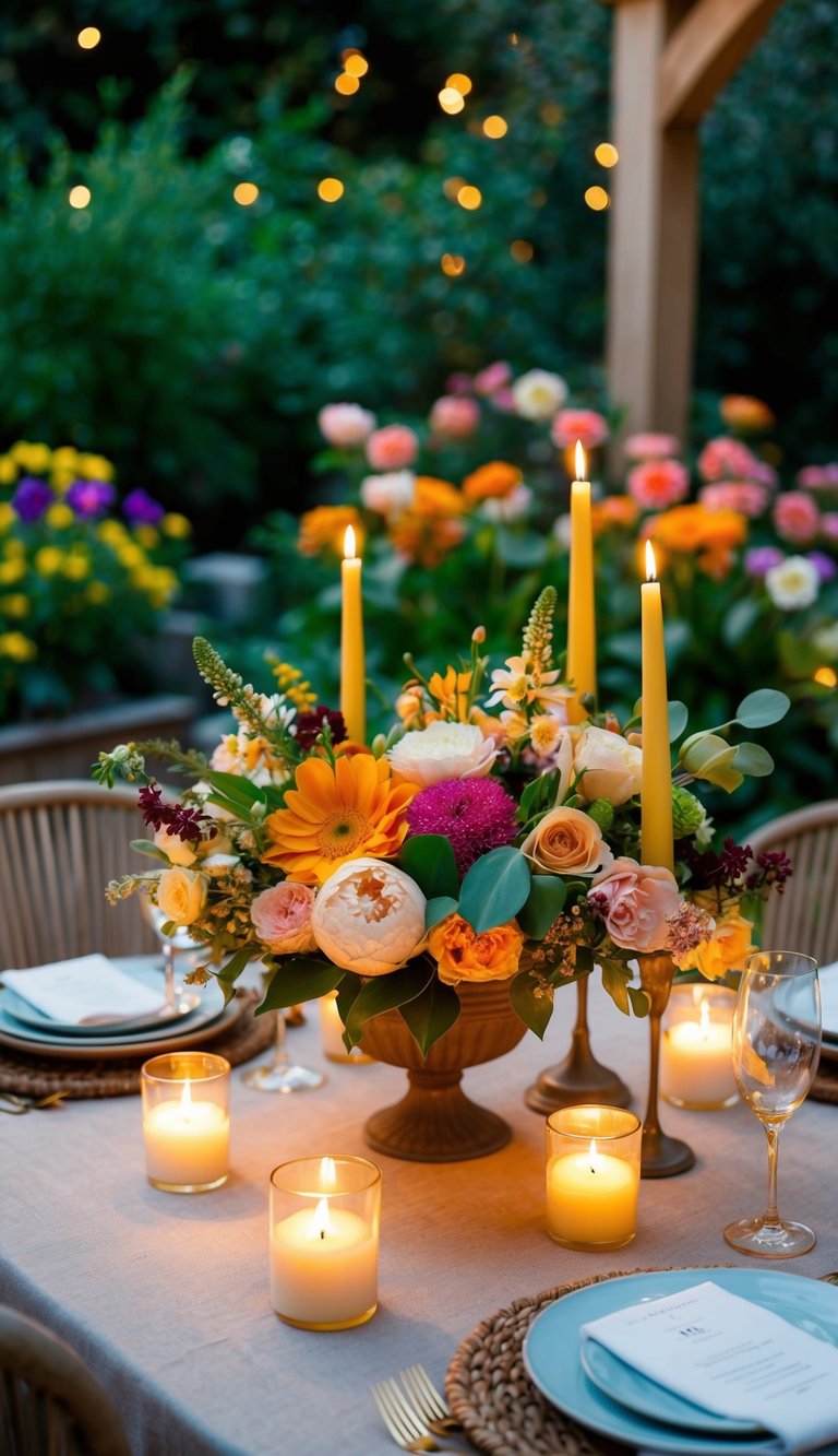 A cozy, candlelit table in a garden with a variety of fresh seasonal flowers arranged in elegant bouquets