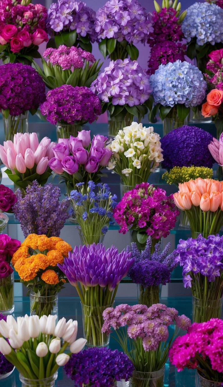 A colorful array of seasonal flowers arranged in a variety of vibrant bouquets, showcasing the beauty of violet hues