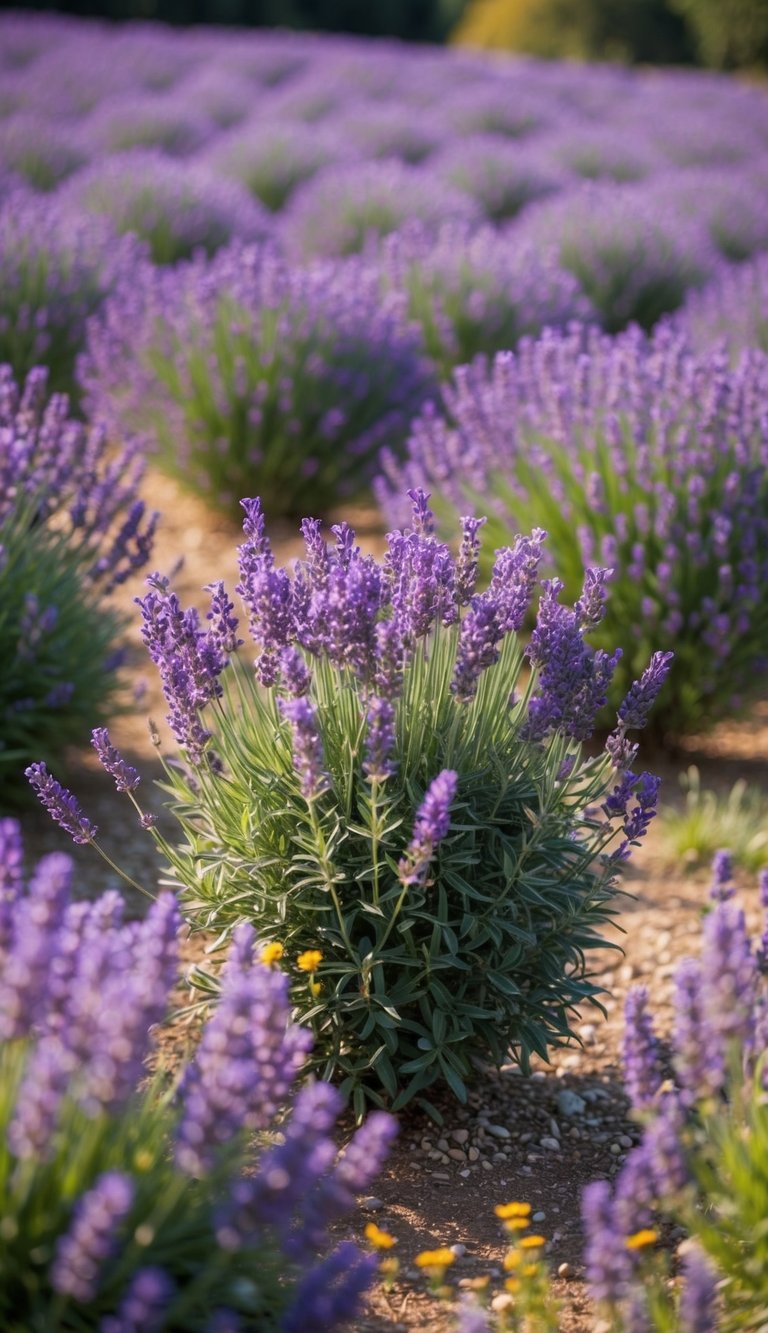 A field of blooming lavender, surrounded by vibrant seasonal flowers, with a soft, dreamy atmosphere