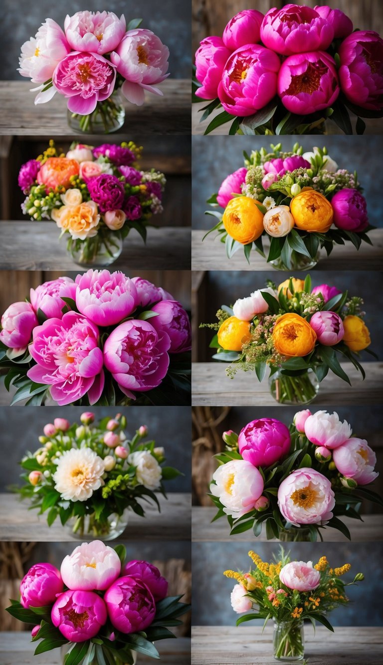 A vibrant array of peonies in full bloom, arranged in various bouquets with seasonal flowers in a rustic setting