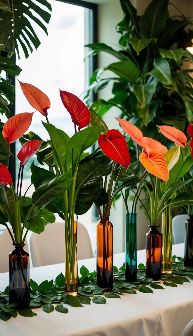 A table with 10 Anthurium Elegance tropical flower arrangements in vases of varying heights and colors, surrounded by lush green foliage